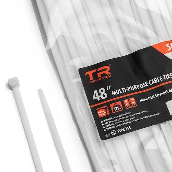 Cable Tie, 48 in L, Natural, Nylon 6/6, 175 lb Strength, 50 PK